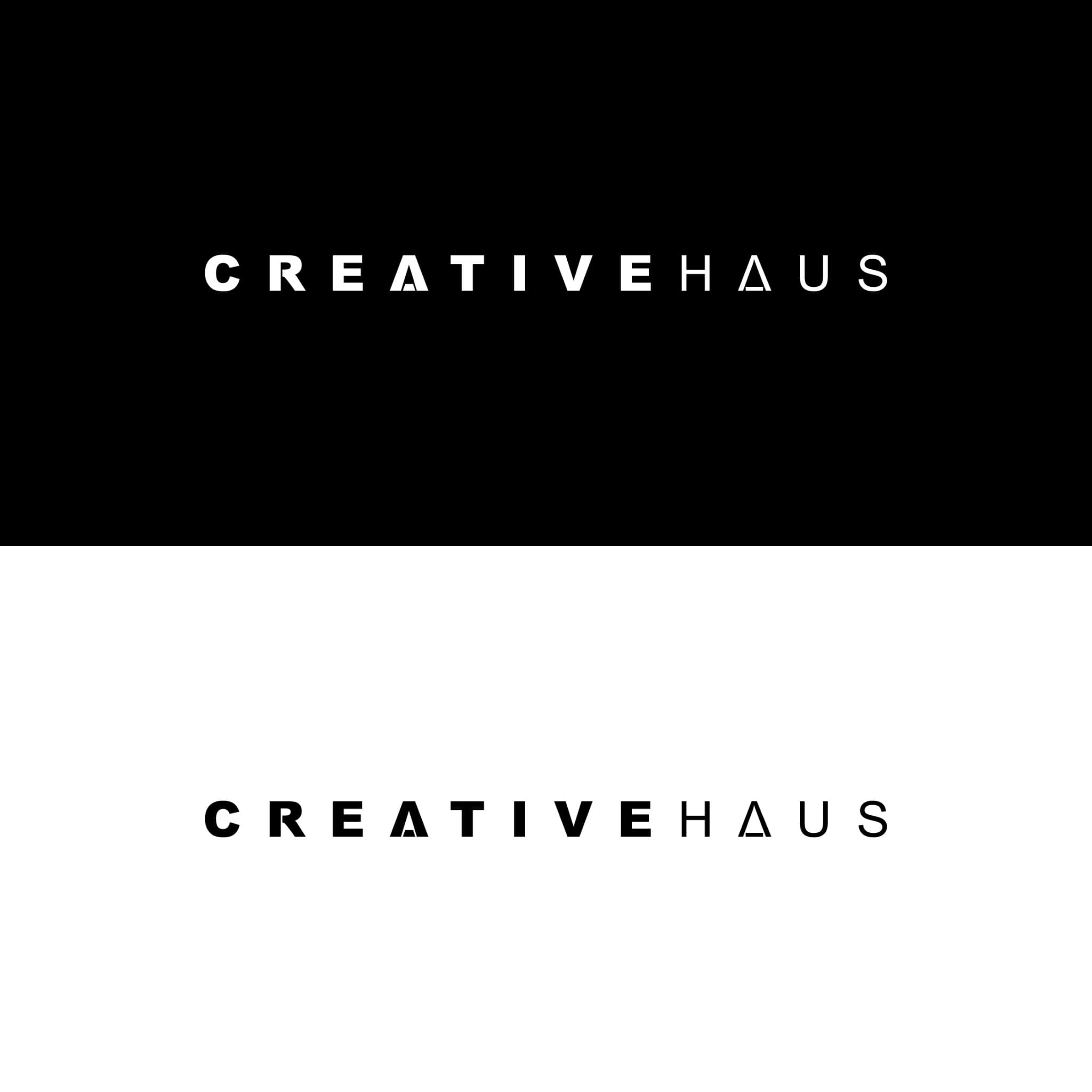 CREATIVEHAUS wordmark shown in white on black and black on white.
