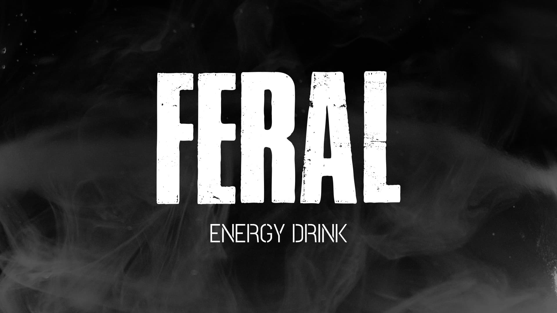 FERAL Energy Drink wordmark in white on a dark smoky background.