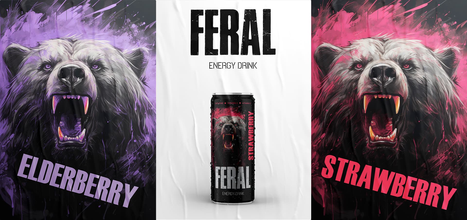 FERAL flavor poster showing the Elderberry and Strawberry cans.