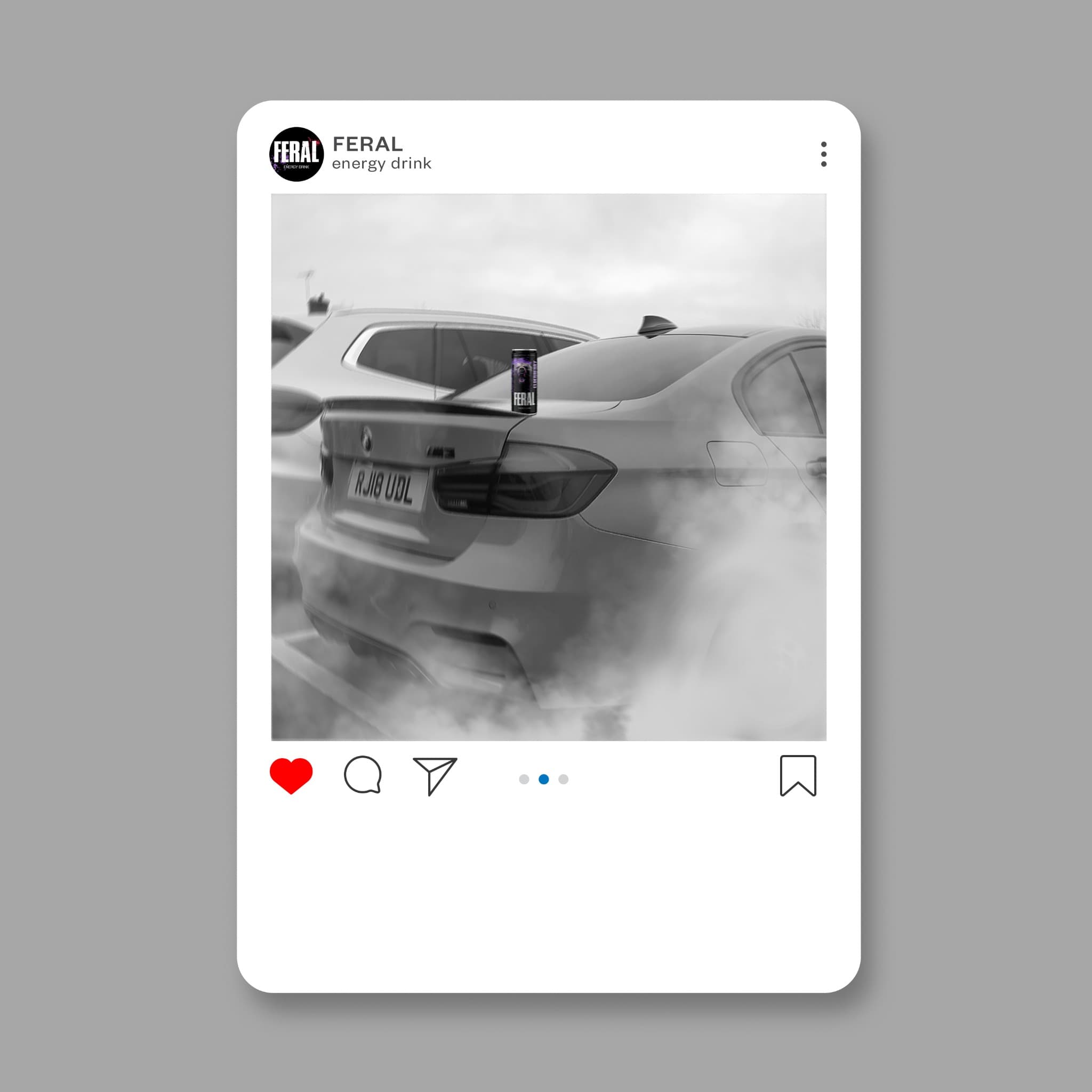 FERAL social campaign mockup featuring a car and smoke.