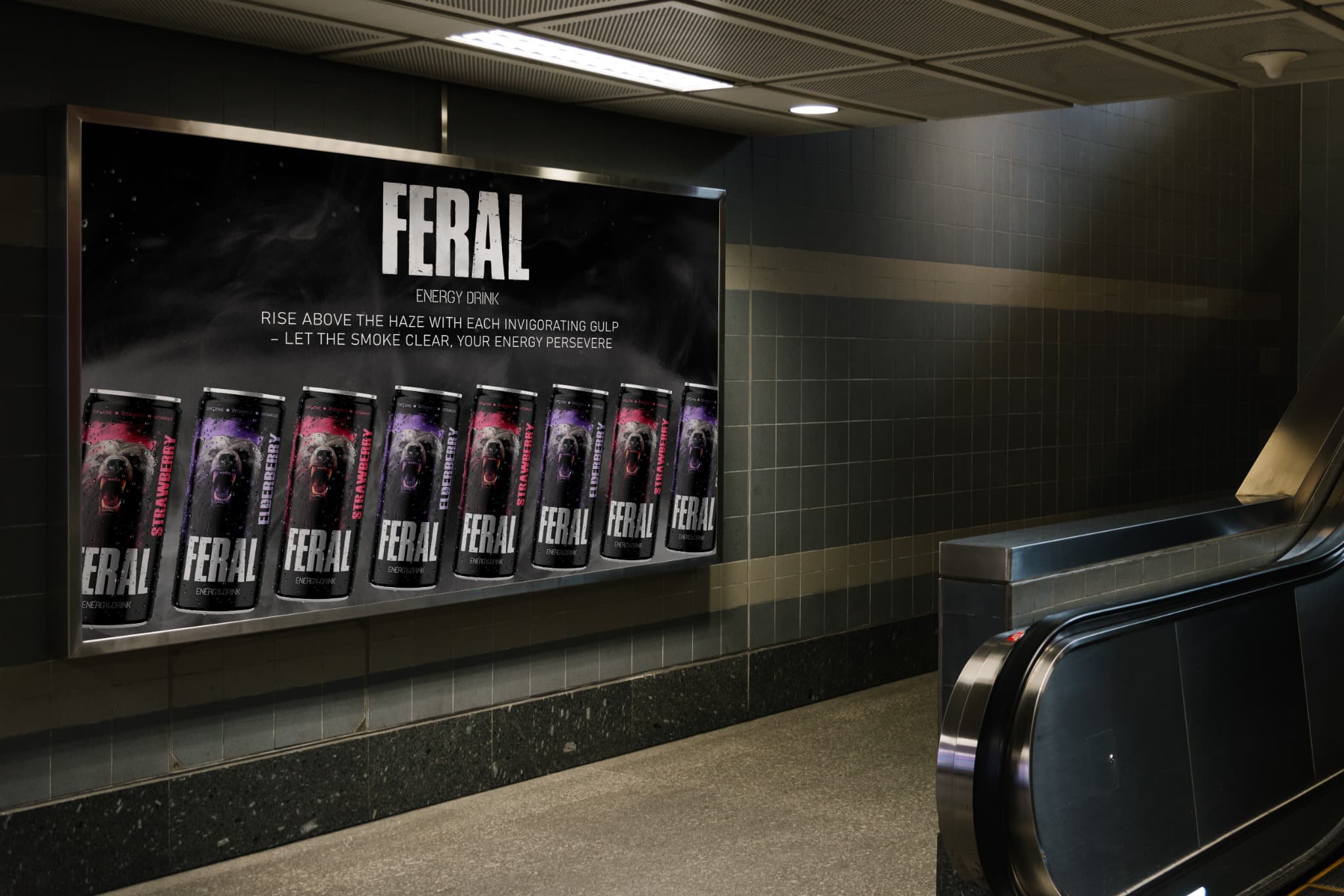 FERAL energy drink campaign advertisement displayed in a metro station.