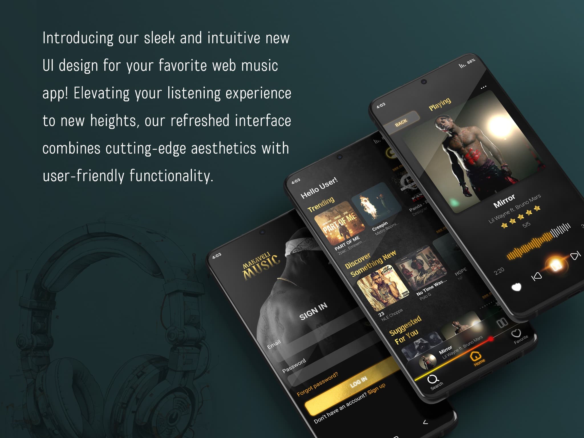 Makaveli Music app presentation with the listening player, sign-in and discovery screens.