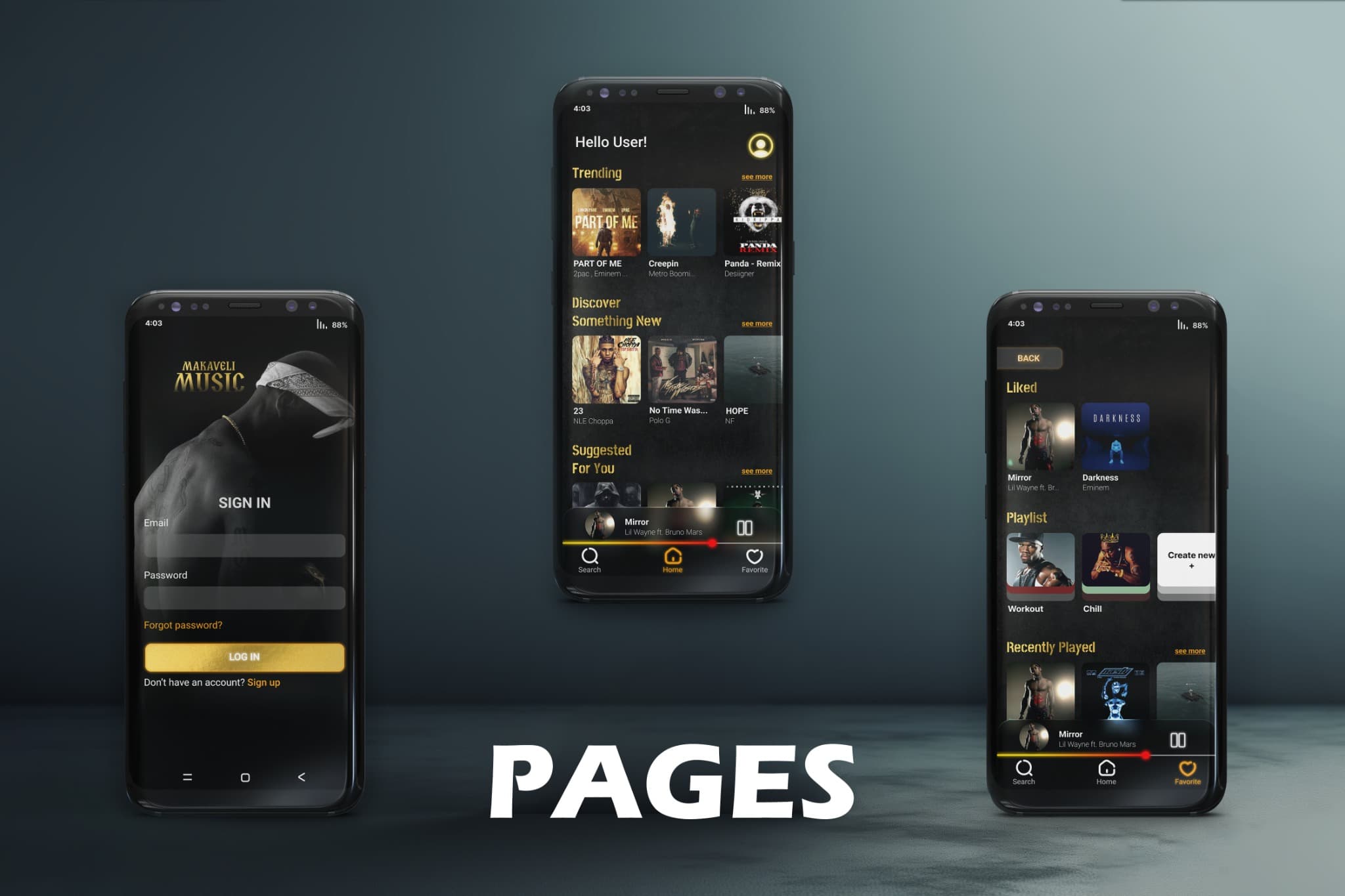 Three Makaveli Music mobile screens showing sign-in, music discovery and a saved library.