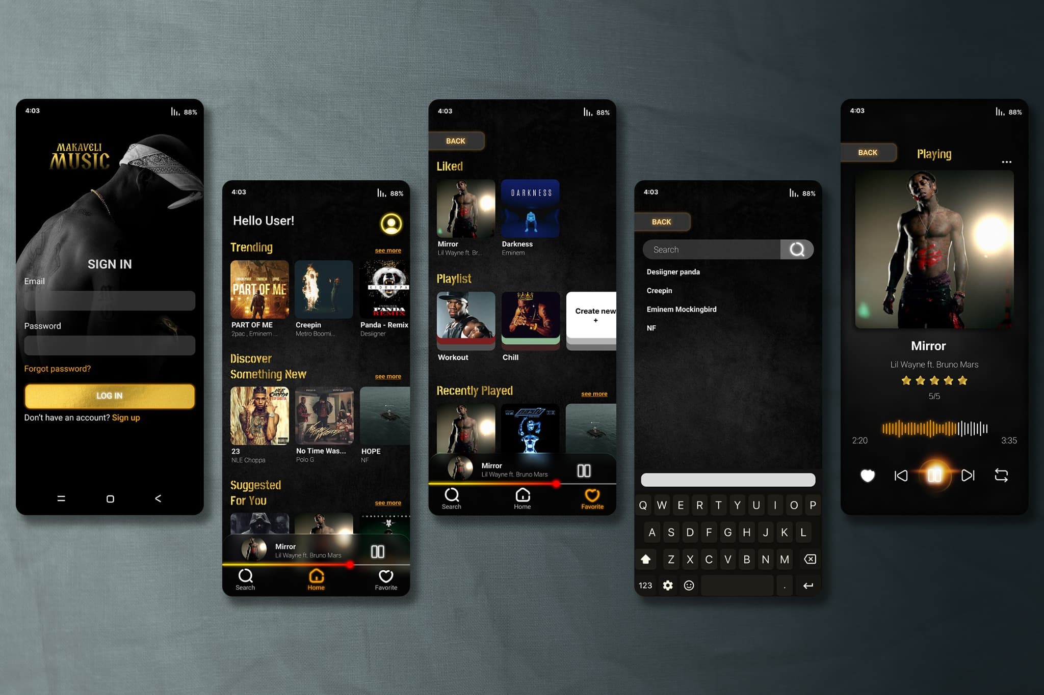 Makaveli Music final screen overview showing sign-in, discovery, library, search and player interfaces.
