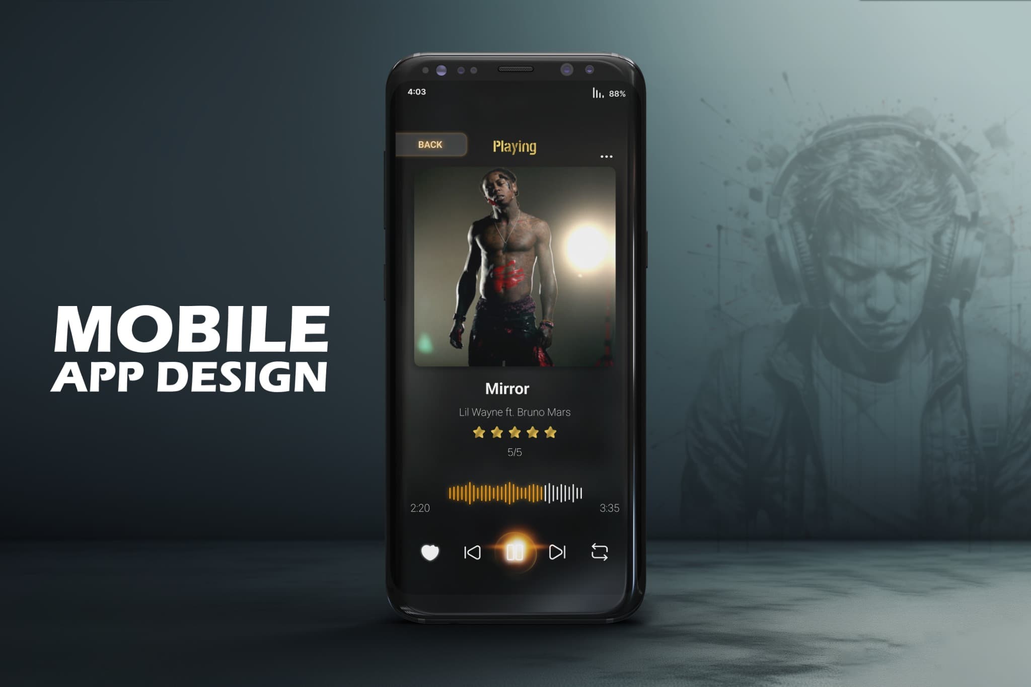 Makaveli Music mobile app concept, shown on a phone against a dark teal listening scene.