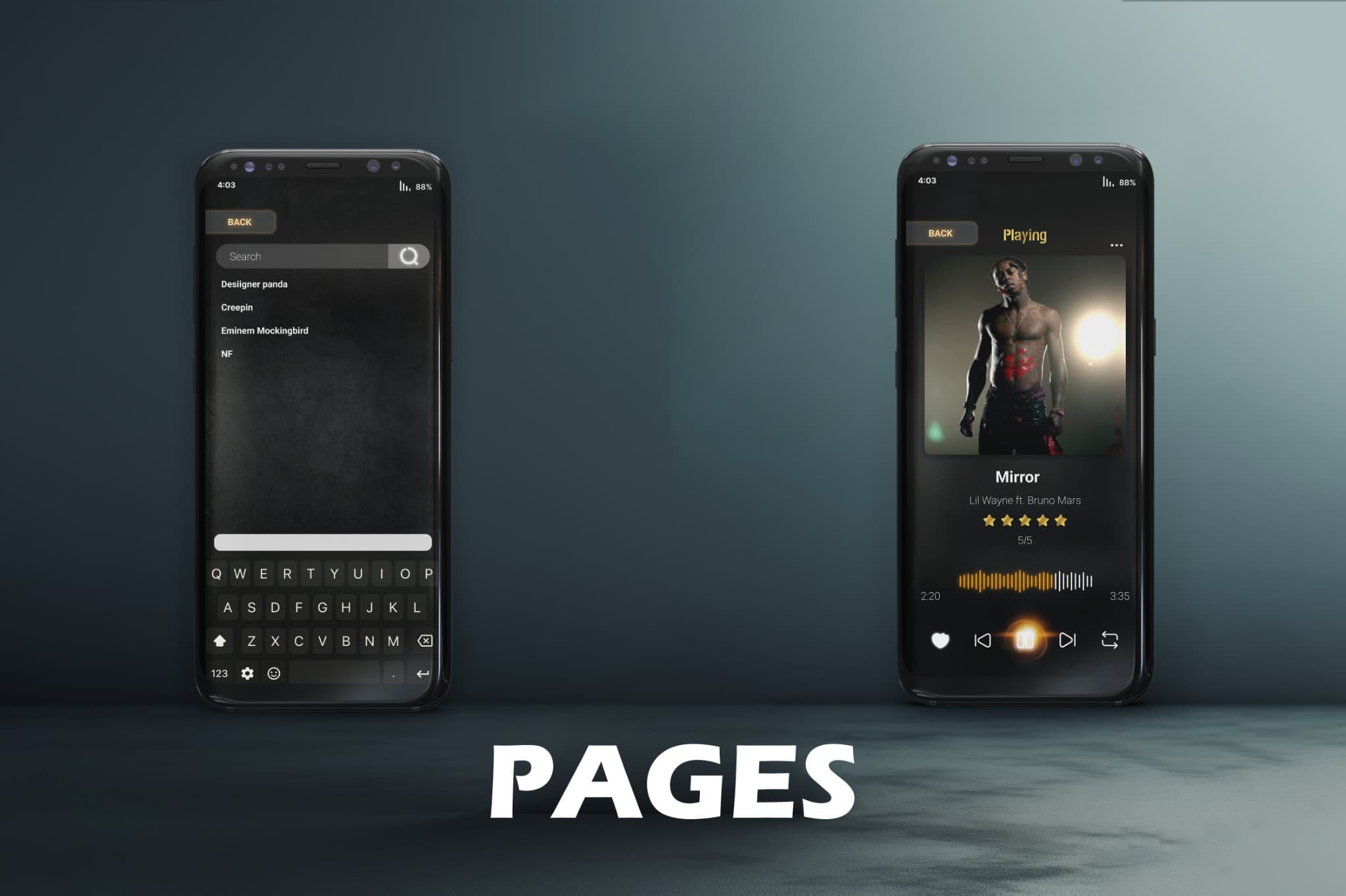 Search and playback screens from the Makaveli Music mobile app.