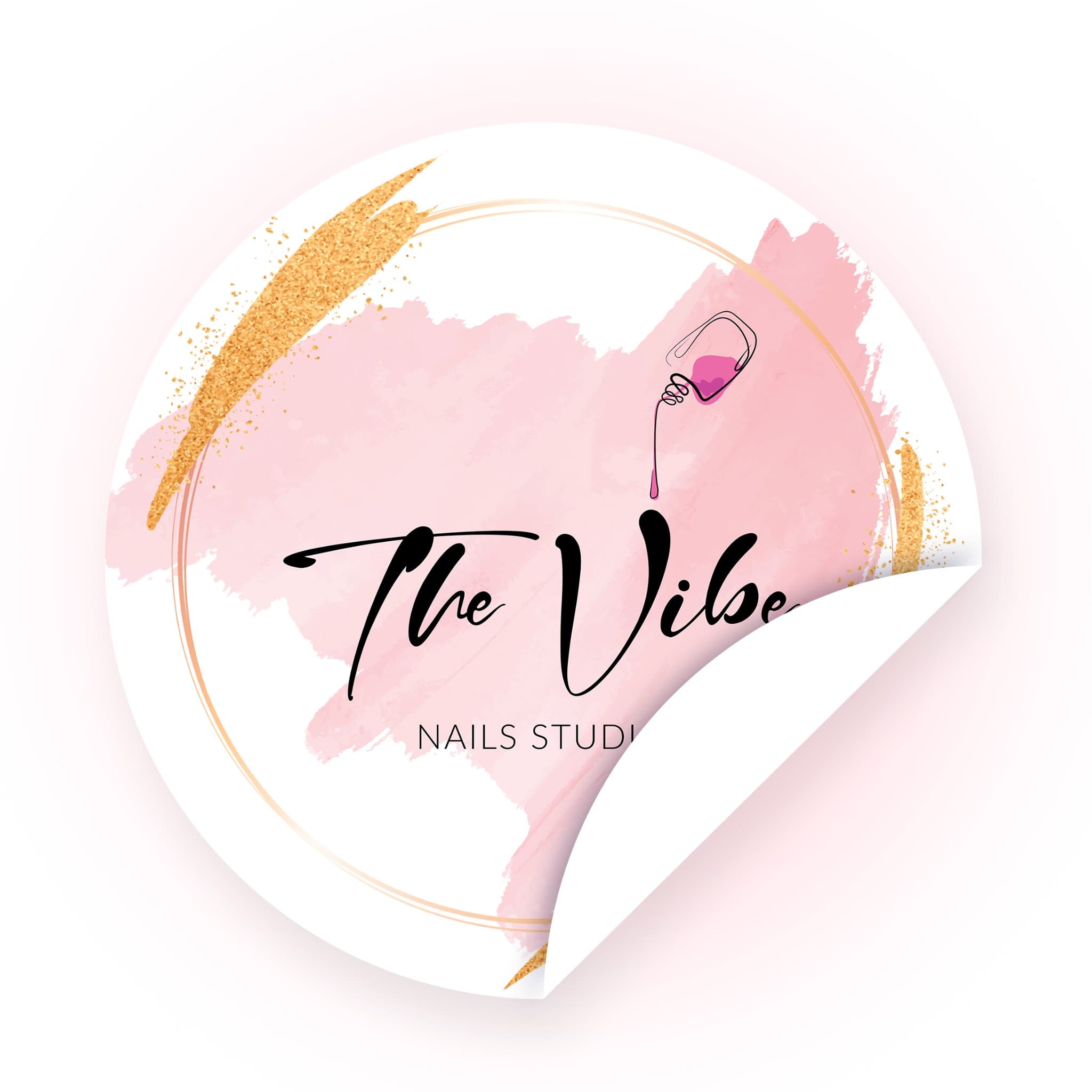 Round THE VIBE Nails Studio sticker with a pink brushstroke and gold accents.