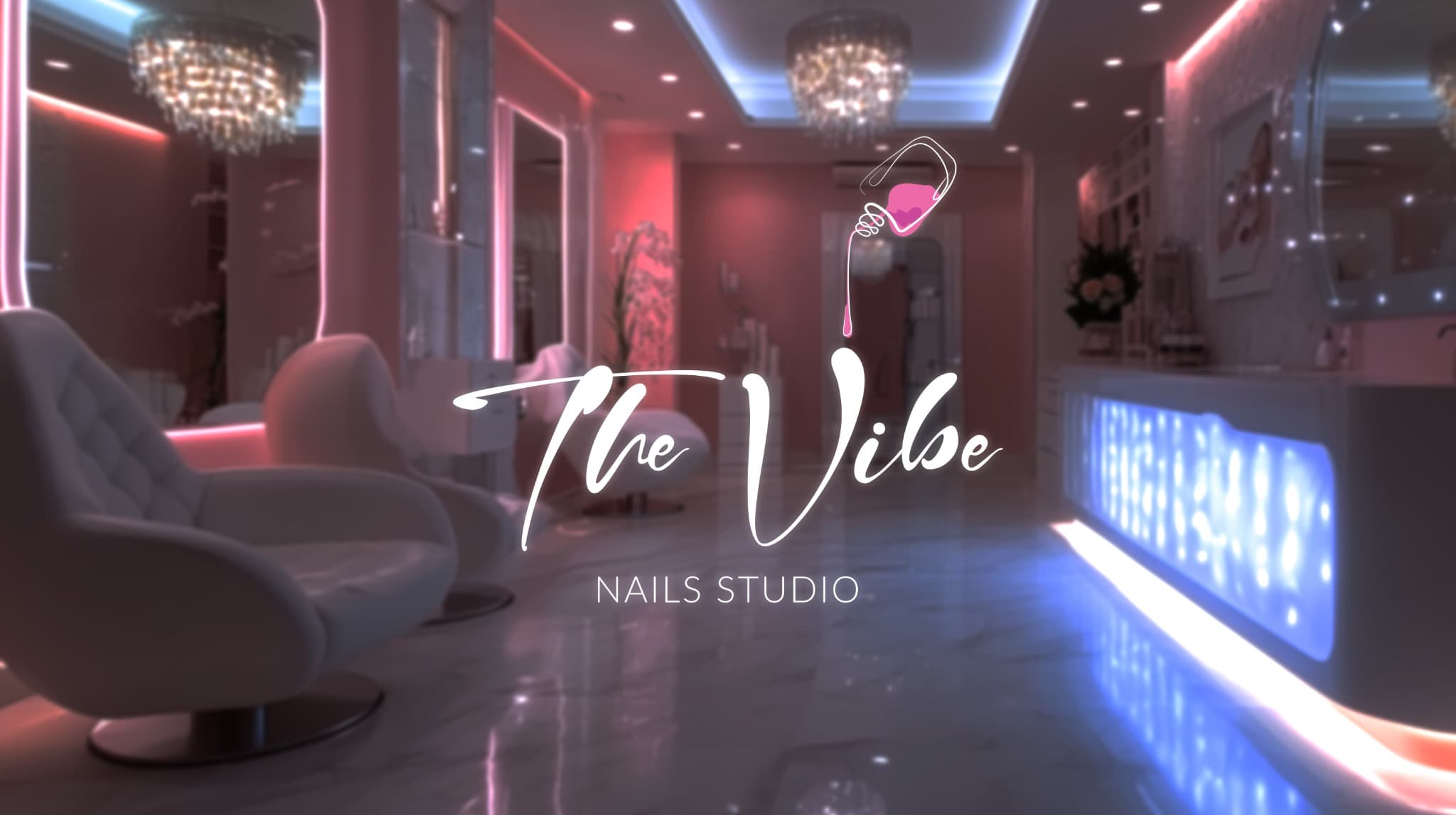 THE VIBE identity displayed inside the pink-lit nails studio.