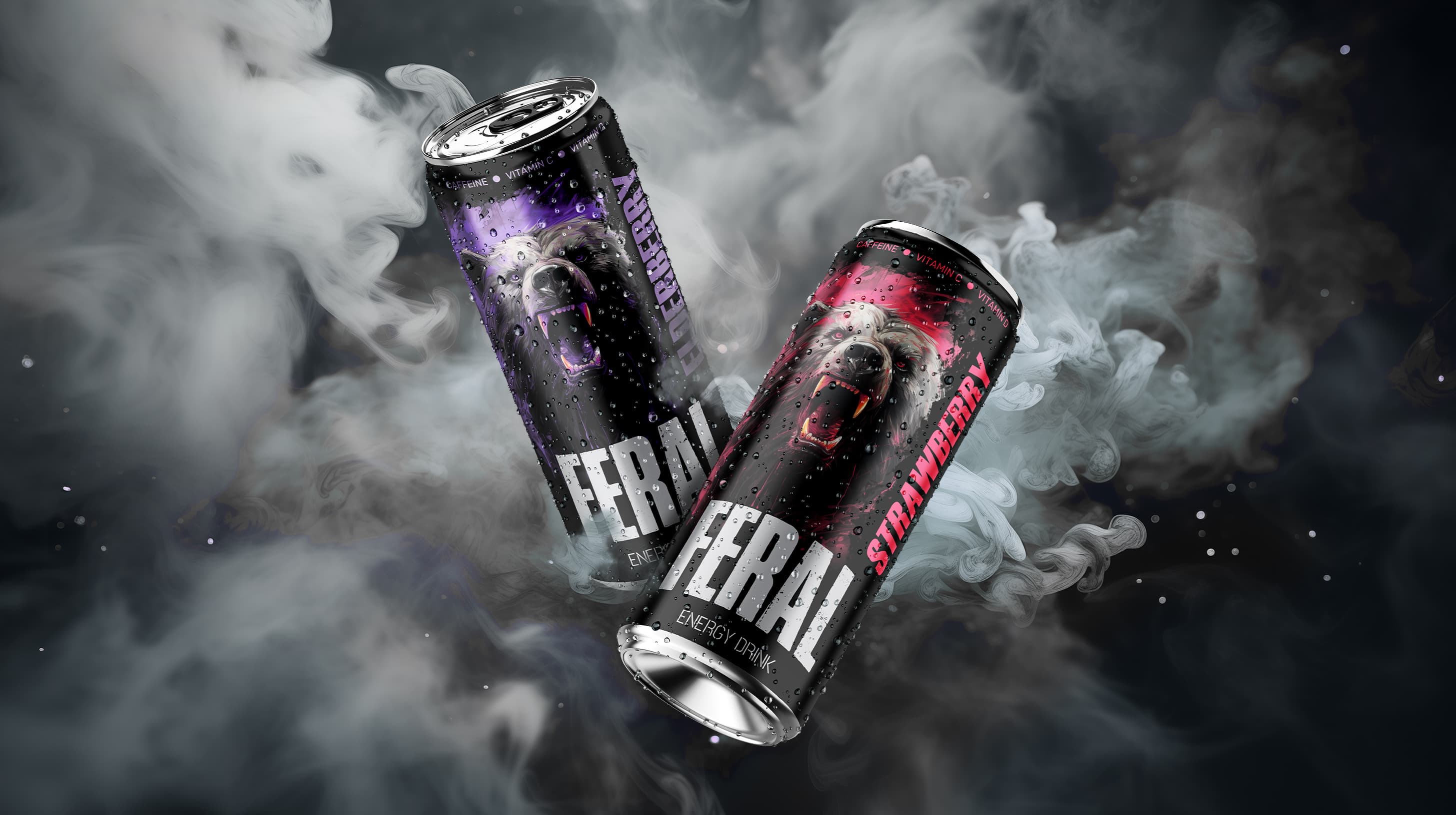 FERAL energy drink packaging: purple and red cans surrounded by smoke.